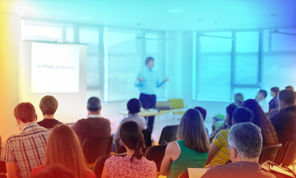 A person presenting to a group of people